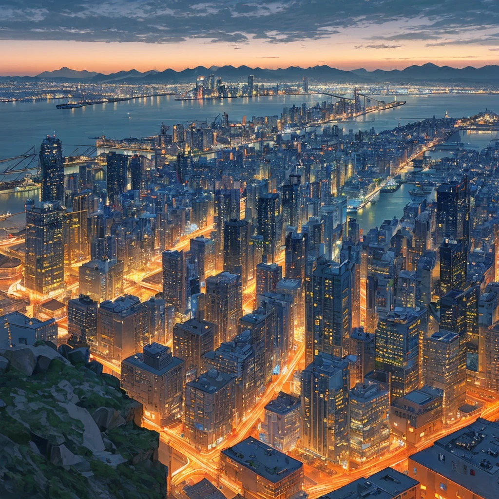 City night scene,coastal,port,High-rise buildings,mountain peak