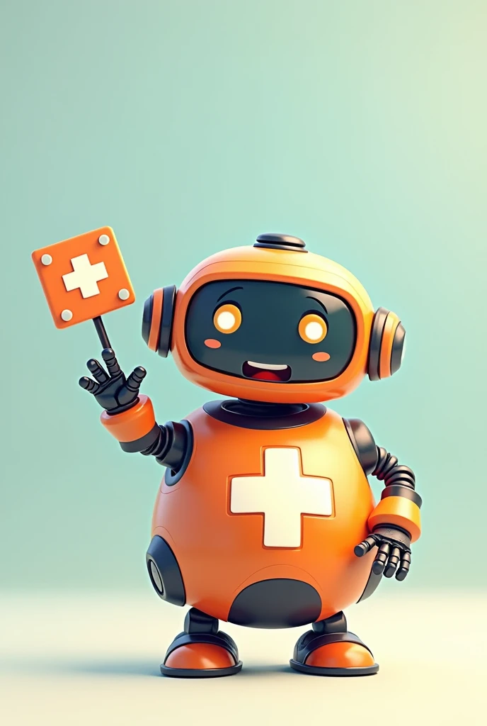 Chubby little friendly robot and a medical cross waving with one hand