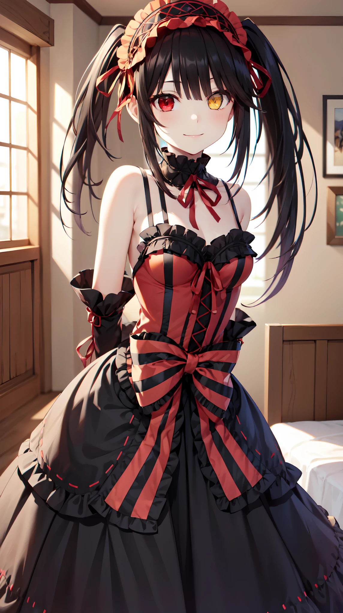masterpiece, The best quality、street、Put your arms behind your back、Black Hair, Long twin tails bunches, (Yellow eyes:1.2), Heterochromia iridum, (Red Eyes:1.2),Tokisaki Kurumi、Smile,Gothic Lolita Clothing Accessories、victorian maid tiara、Black Ribbon、Shut up、Gothic Lolita Clothing Accessories,she's room,