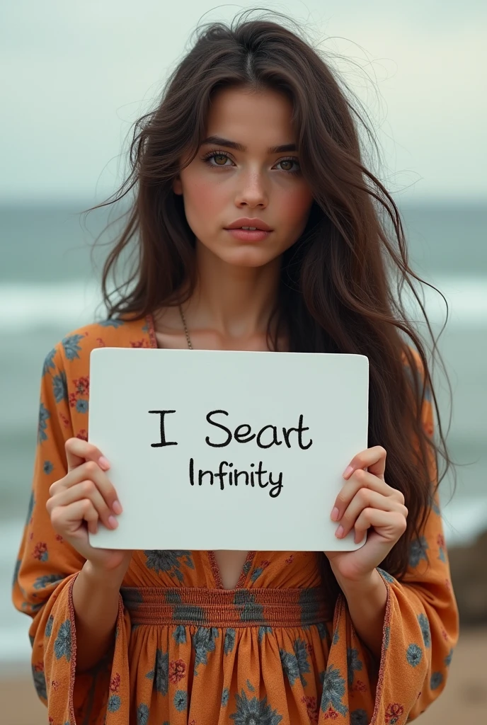 Beautiful girl with wavy long hair, bohemian dress, holding a white board with text "I Love Seaart Infinity" and showing it to the viewer