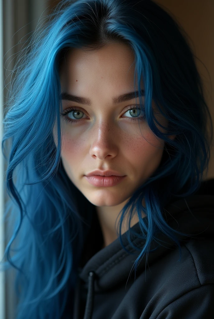 Ultra-realistic capture, Highly detailed, High resolution 16k close-up of human skin. Skin texture must be natural, With such detail that pores can be finely identified, Skin should look healthy, In a uniform tone, Use natural light and color, photo realistic, Full Body Shot, full body, downer, (Indigo blue hair)+(long hair)+(messy hair), Black hoodie
