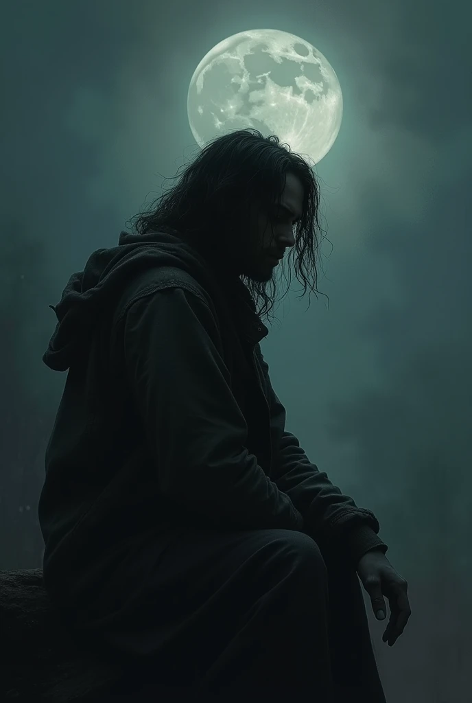 Lonely and sad very long hair men at night looking by the Moon
