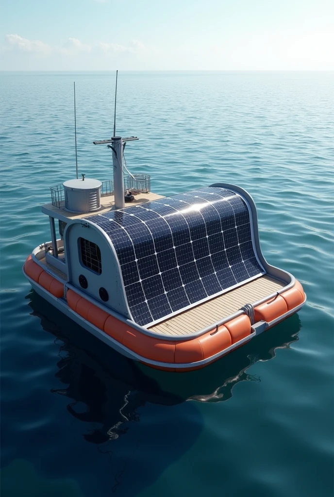 Generate flexible solar panel attached to a side of fishing boat in sea rollable mechanism solar panel which is floating on the sea cylinder part is for solar panel rolled up. The solar panel should be floating on the sea.the side of the solar panel should be covered with balloon or floating mechanism to float on the sea,here side mean edges of the solar panel 