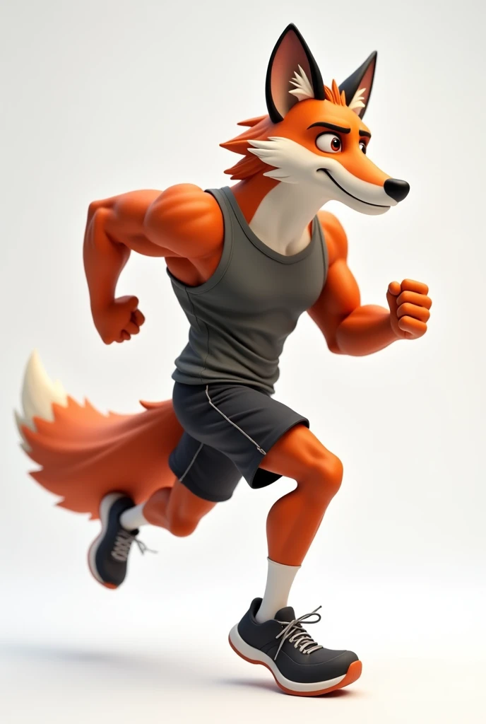 A realistic 3D cartoon muscular male fox, running wearing exercise clothes and running shoes, sideways and with the tail coming out of the shorts