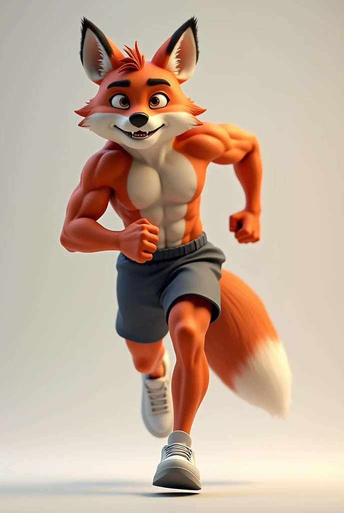 A realistic 3D cartoon muscular male fox, running wearing exercise clothes and running shoes, sideways and with the tail coming out of the shorts