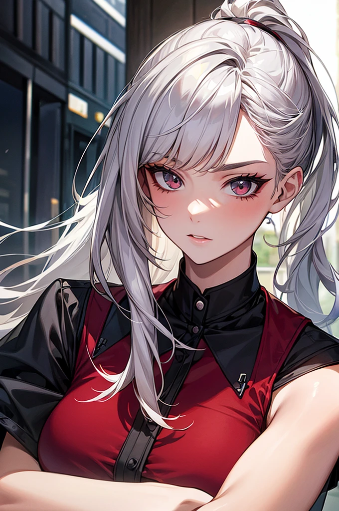 masterpiece, best quality, Silver-haired ponytail, crimson uniform, secretary, whole body, sexy, face detail, cat-like face, pretty girl, 21 year old girl, beauty, hyundai, Inside the building