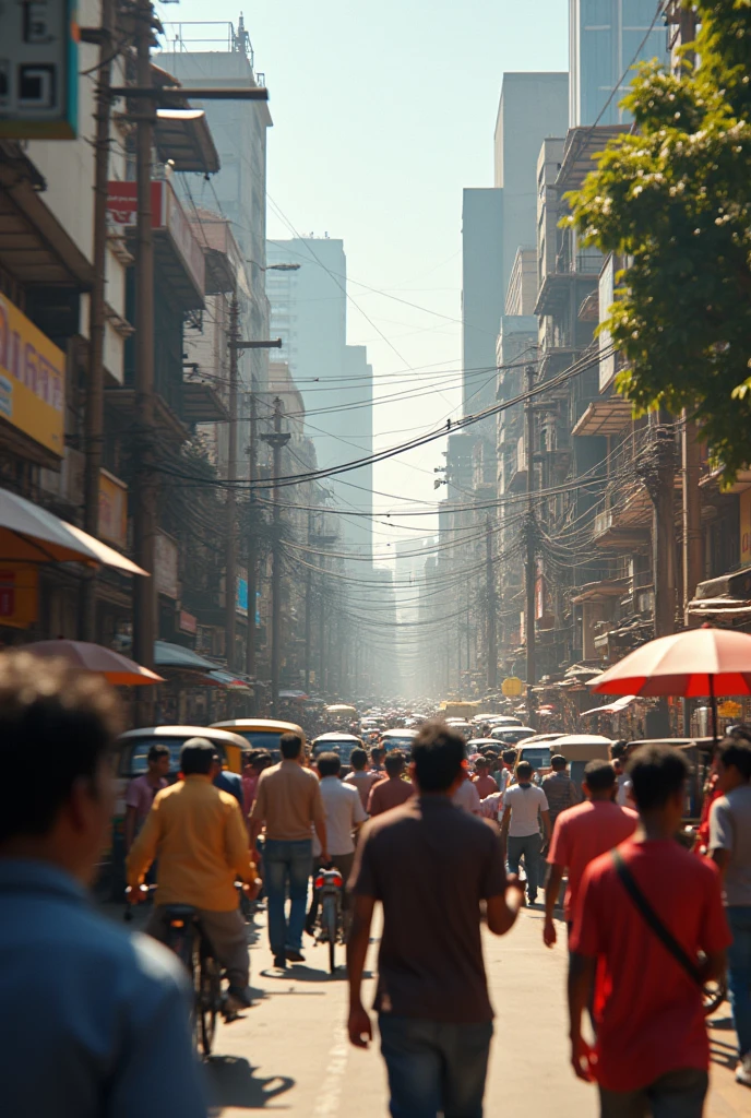 Generate an image of fast-paced shots of busy Bombay streets, showing people, markets, or vehicles in motion. The energy and vibrancy of the city should be the focus. Dont show decoration hanging make skyline city