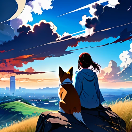 anime landscape of a girl&cute corgidog sitting on a hill with grasses with dark blue clouds, blue cere madder sky lightly big bell with few clouds, anime nature wallpapers, beautiful anime scene, beautiful anime peace scene, Makoto Shinkai Cyril Rolando, beautiful scene of anime, amazing wallpaper, anime art wallpaper 8k, anime background, art anime background, anime 4k wallpaper, anime art 4k wallpaper, anime art 4k wallpaper, prayer of requiem prayer of requiem