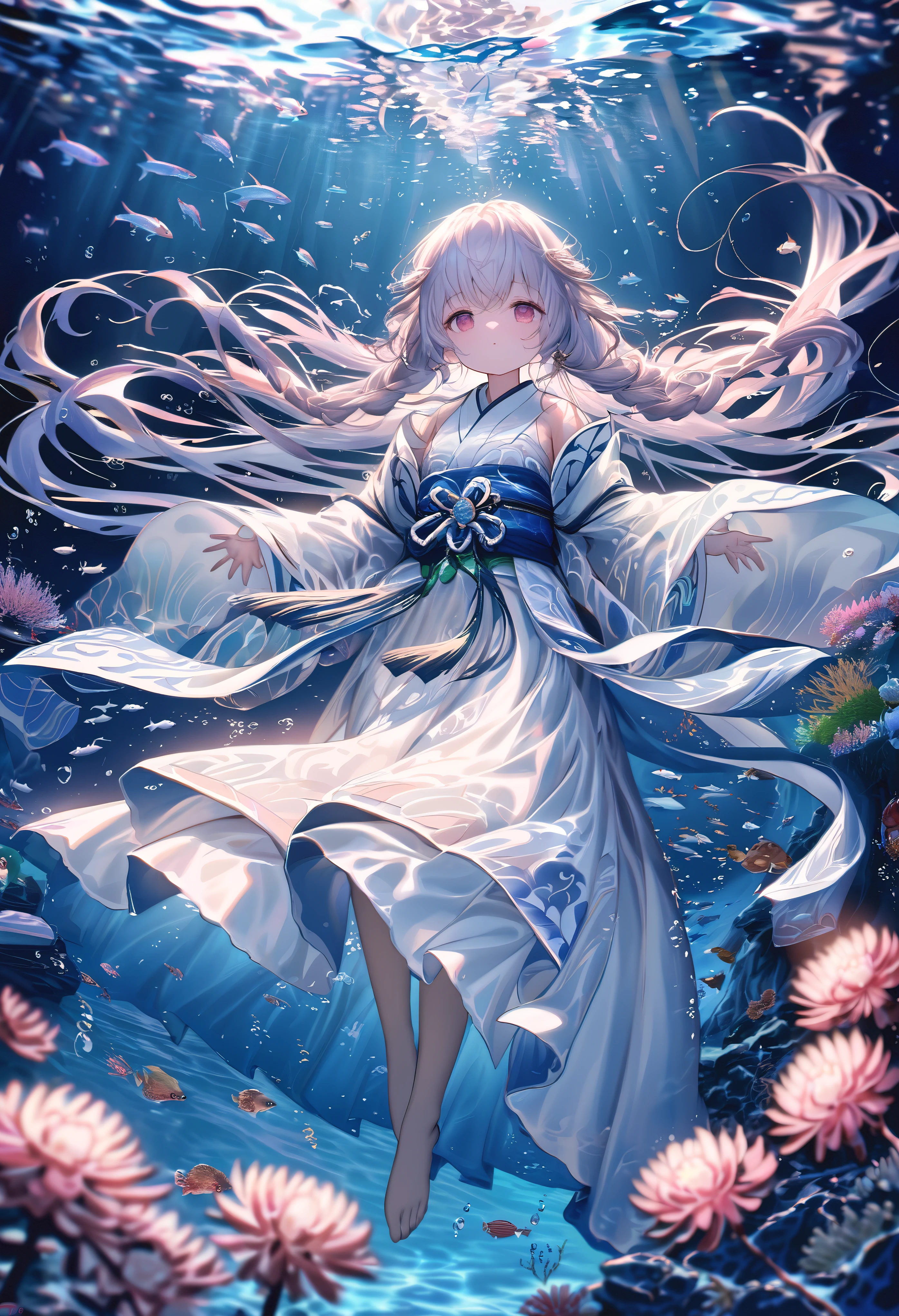 (full body), (solo), (A :1.2), (very young little girl), l, (small breas(wide angle), raw photo, Aesthetic, Convoluted, Awarded, chiaroscuro, Best Quality, Detailed background, (underwater atmosphere:1.2), (underwater photo, floating drowning:1.1), ((Girl in very long shrine maiden:1.2)), detailxl, As she submerges into the watery depths, the miko-zukuri undergoes a metamorphosis, transforming into an aquatic masterpiece. The haori, once a river of pristine white silk flowing on land, now becomes an undersea current, its hem swaying with the rhythm of the water. The fabric, saturated with the essence of the sea, clings to her form, accentuating her graceful movements with an ethereal fluidity.
The embroidery on the haori, those delicate motifs of cherry blossoms and chrysanthemums, now appear as if they are blooming underwater. The threads, glistening with mother-of-pearl, seem to capture the fleeting light that filters through the water's surface, casting a soft glow around the girl, as if she were a living embodiment of the sea's hidden treasures.
The hakama, that deep crimson skirt, now mirrors the color of the ocean's heart, its brocade pattern shimmering with an underwater radiance. The metallic threads that once danced with the lightning above now reflect the subtle play of light beneath the waves, creating a mesmerizing spectacle of light and shadow that follows her every move.
Her long, flowing braid, secured with a white ribbon embroidered with cherry blossoms, now sways with the underwater currents, the ribbon fluttering like a school of tiny, white fish around her. The traditional obi around her waist, a tapestry of colors and patterns, now ripples with the water, its design taking on a life of its own, as if the threads themselves were weaving a new story within the aquatic realm.
In this underwater realm, the girl is no longer simply a shrine maiden; she is a siren of the deep, her miko-zukuri transformed into a garment