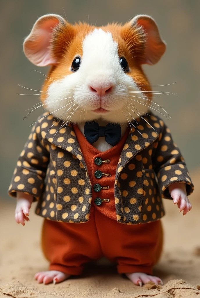 Please, Create a Peruvian guinea pig dressed in a Tacna polka dot suit