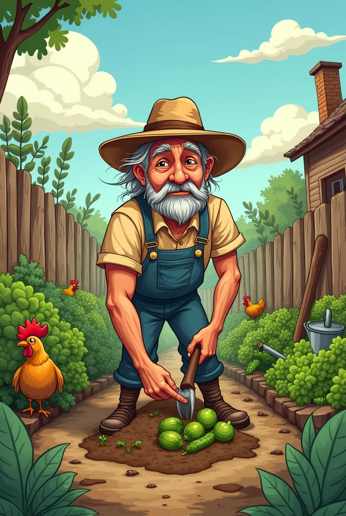I need to cartoon poor farmer, hardworking . His garden working.