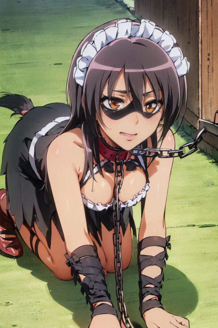 maid headdress, (Very detailed CG ユニティ 4k 壁紙),(masterpiece),(Highest quality),(Very detailed),(Best illustrations),(Best Shadow),(Absurd),(Detailed Background), Misaki Ayuzawa, One girl, alone, Maid clothes, Day, Black Hair, Long Hair ((((black blindfold)))), ((((Chain Lead、Animal Collars, chain leash, collar, viewer holding chain leash, On all fours, Put your hands together)))), (((open mouth, tongue out, stick out tongue, long tongue, full face blush, sexual ecstasy smile, fucked silly, vulgarity))), perfect female body, medium breasts, gleaming skin, oil skin, shiny skin, sweat, wet skin,