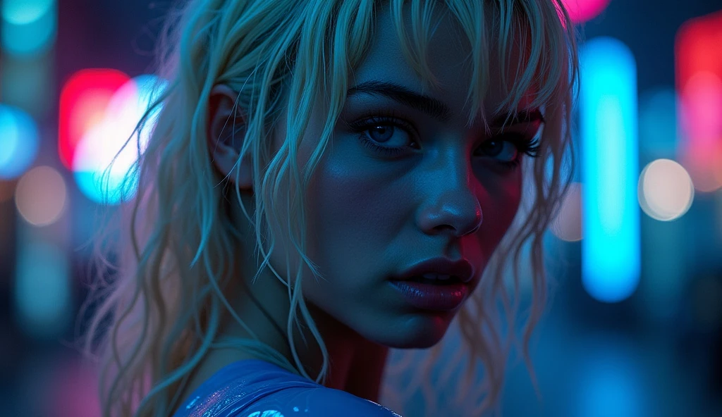 ((best quality)), ((​masterpiece)), (detailed), ((background Cyber)), wet look, ((blond long Hair)), ((Intricate detailing, in the night time, Contre-Jour, random neon color, View from afar, random pose, blue latex bodysuit, face focus, hell picture, light face, big boobs)), (face brightly lit), ((full body view)), 8k