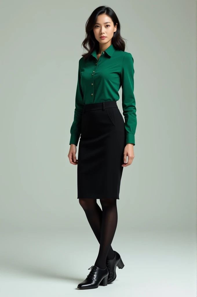 Design a uniform for a woman consisting of an emerald green shirt , black skirt , black stockings and black shoes 