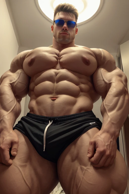 upshot pecs, a very handsome young man, white skin, sunglasses, shirtless, exaggeratedly huge body, exaggeratedly muscular, exaggeratedly huge muscles, exaggeratedly huge arms, biceps and shoulders, with exaggeratedly huge pecs, standing in an apartment