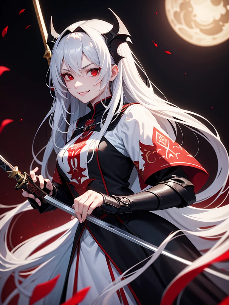 woman, red eyes, white long wavy hair, noble, wearing a black unifrom, fighting with a sword like a female knight, wearing flowers on her head, sadistic vampire. sadistic smile