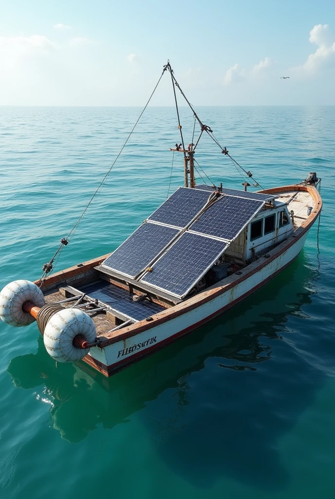 Generate flexible solar panel attached to a side of fishing boat in sea rollable mechanism solar panel which is floating on the sea cylinder part is for solar panel rolled up. The solar panel should be floating on the sea.the side of the solar panel should be covered with balloon or floating mechanism to float on the sea,here side mean edges of the solar panel