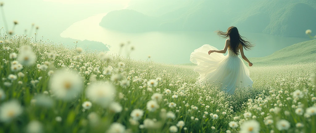 A greeny landscape with ocean of white flowers and the ambience is so light and peaceful where a woman with a long hair and wearing a white dress running in the midst of it. The point of view of this landscape is up in the sky like a drone and the whole landscape is viewed.