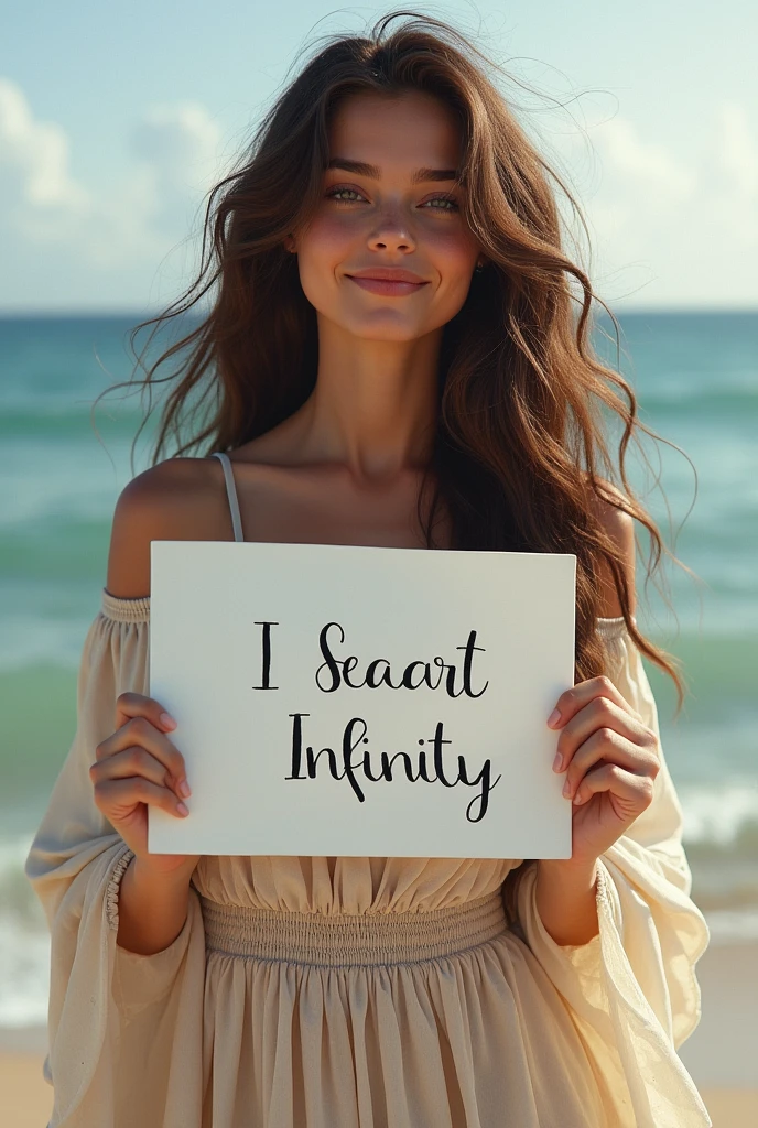 Beautiful girl with wavy long hair, bohemian dress, holding a white board with text "I Love Seaart Infinity" and showing it to the viewer