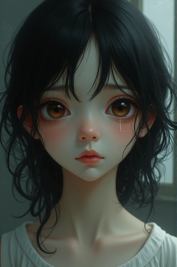 A girl with black hair and brown eyes who is sad