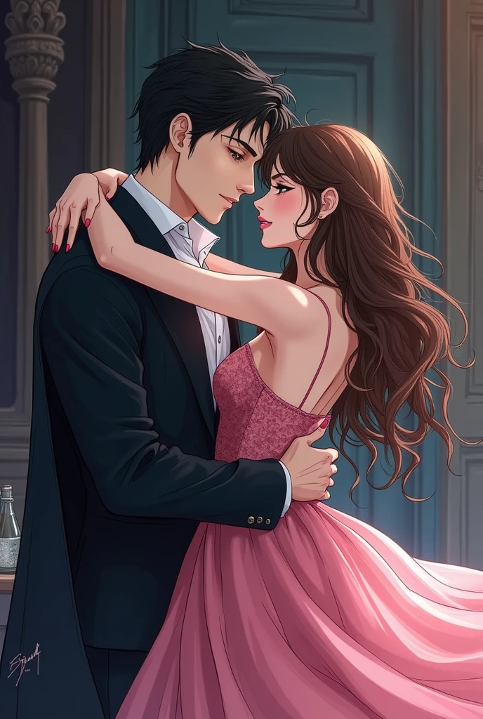 Anime style Sketch of a handsome male vampire hugging a pretty girl with long hair and pink dress