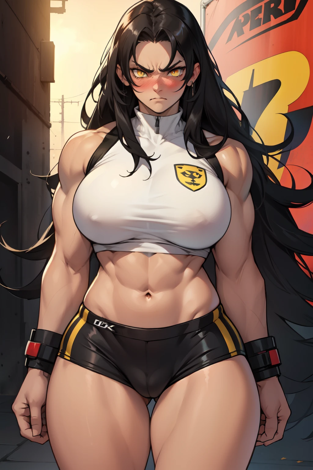 girl huge bodybuilder muscular toned body pale skin black hair very long hair yellow eyes angry blushing embarrassed thick thighs