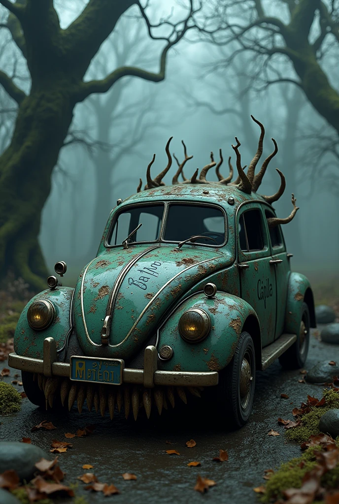 Generate a horror car with a tree background and that says cajola