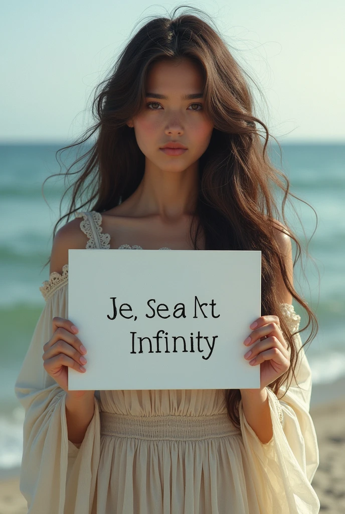 Beautiful girl with wavy long hair, bohemian dress, holding a white board with text "I Love Seaart Infinity" and showing it to the viewer