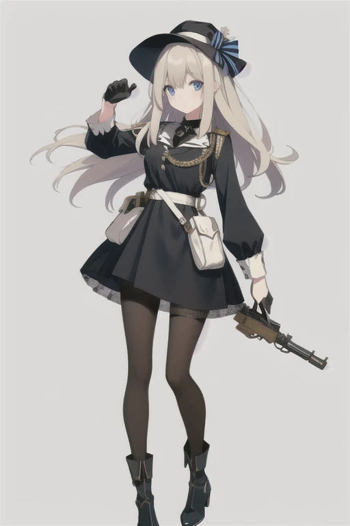 lexington \(warship girls r\),((Best quality))), ((Ultra-detailed)), ((illustration)), ((Disheveled hair)), ((frilld)), (1 girl), (Solo),,1girl, gun, handgun, hat, holding, holding_gun, looking_at_viewer, solo, weapon, rating:safe, adjusting_clothes, adjusting_hat, adjusting_headwear, black_footwear, black_gloves, black_hat, black_headwear, black_legwear, black_pantyhose, blue_bow, boots, bow, clothing, dress, female, female_only, footwear, frills, gloves, headwear, holding_weapon, knee_boots, legwear, long_hair, makaria, pantyhose, pistol, pointing, pointing_at_viewer, pouch, olo, standing, flaxen long hair(delicate hair),blue eyes(delicate eyes),