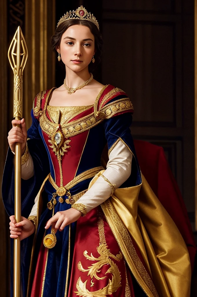 Empress. young woman. queen. light comes out from behind. flash. bright. with a raised scepter in his hand. beautiful woman. figure of power. Renaissance style. queen dress. Queen's crown.