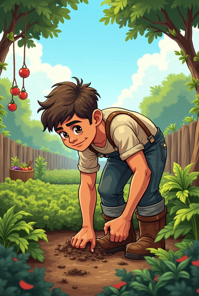 I need to cartoon poor, young farmer, hardworking . His garden working.