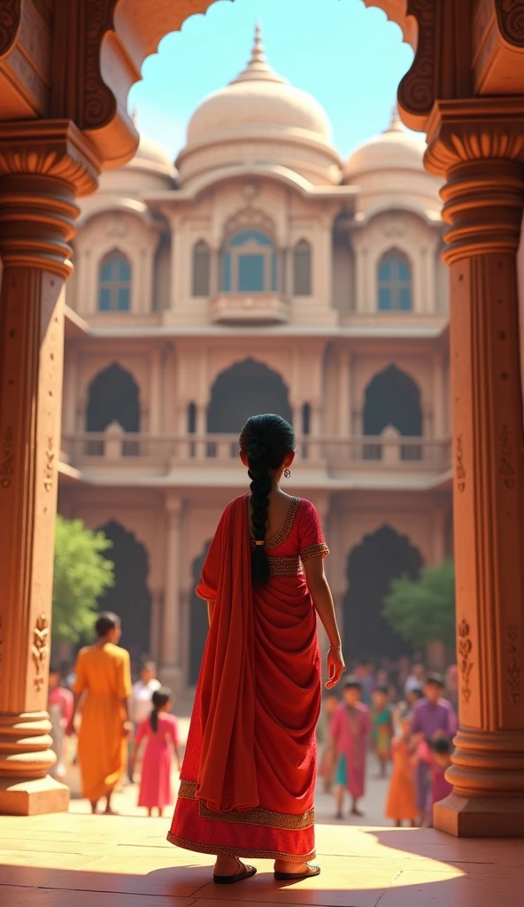 In cinematics 3D cartoon style " A flashback scene showing the haveli in its prime, bustling with life and children playing in the courtyard while Gauri Ba, much younger, supervises the festivities"