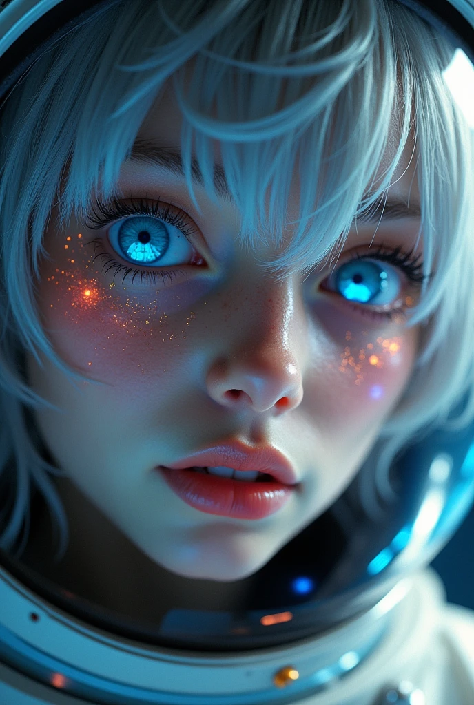 (Close-up of a better masterpiece:1.5)0.9], (Space and astronauts:1.2) (Messy silver hair:1.1) (Heterochromia xanthochromia and blue eyes:1.2) (Space Helmet:1.0) (Colored stars in the eyes:1.0) (A radiant glow:1.1) (thick lips:0.9)