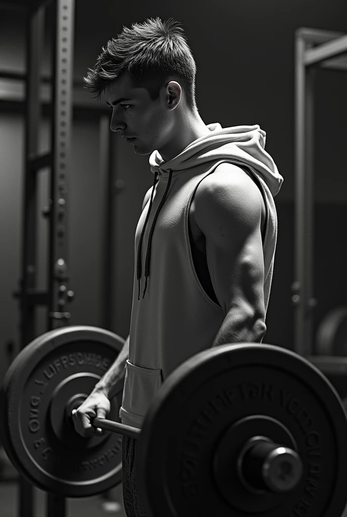 Skinny guy with hoodie lifting weights