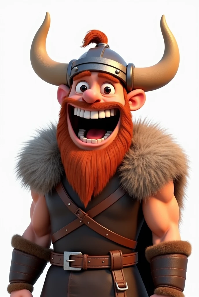 Illustration of smiling viking man, insane smile, brown skin man with a giant grin, smiling happily at the camera, cheeky smile, He is smiling, very huge smile, smiling male, headshot profile picture, laughing huge smile, drawing in 3D Art style, C4D, pure white color background, Disney style, pixar style render illustration Super Detail, 8k