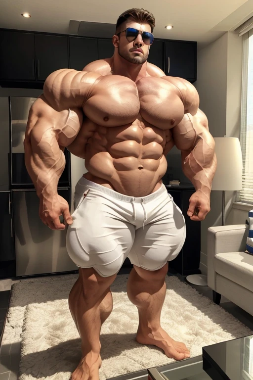a very handsome young man, white skin, sunglasses, shirtless, exaggeratedly huge body, exaggeratedly muscular, exaggeratedly huge muscles, exaggeratedly huge arms, biceps and shoulders, with exaggeratedly huge pecs, standing in an apartment