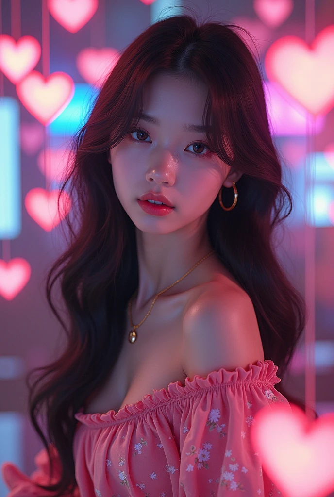 1 Kpop girl With y2k vibe long hair and surround by hearts  and electronics