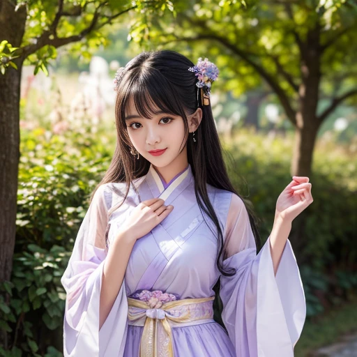 best quality, Delicate face,beautiful visual work, lifelike, eternity, black hair, Long curly hair, blunt bangs, Smile, Detailed Background, Delicate face,blush,cold,((masterpiece))、(top quality)、8k、high detail、Super detailed,31-year-old female,身穿唐制Hanfu、waist skirt, Clothes are light and fluffy,Hanfu, wide sleeves, Transparent sleeves, Long sleeve, Tunic, Clothes made of chiffon, masterpiece、born、Scenes resembling fairy tale illustrations、intricate details和複雜的設計、Beautifully、magic、capricious、 Beautifully、Dream aesthetics、「𝓡𝓸𝓶𝓪𝓷𝓽𝓲𝓬、ethereal、charming、fickle、magic」、realism、Visual effects、FXAA、SSAO、Shader、voiceless、ambient lighting、Tone mapping、High resolution、Ultra high quality、Million pixels、(8K resolution:1.10)、8k、8k以下、8K resolution、high detail、intricate details, (high quality:1.2、masterpiece:1.2、:1.21)、(31-year-old female:1.21)、(興奮地Smile)、(被dream般的氛圍所包圍、Model diagram,full-body shot,Normal 2 feet,Put your hands behind you,The protrusion of the breast is visible when wearing clothes, Large Breasts, H cup chest, antiquity, Xian Xia, gauze clothes, Soft and fluttering, Fairy, dream, fantasy, light, Elegant, nature, Immortal, romantic, classical, ribbon, light purple clothes,In the forest, Wear tulle
