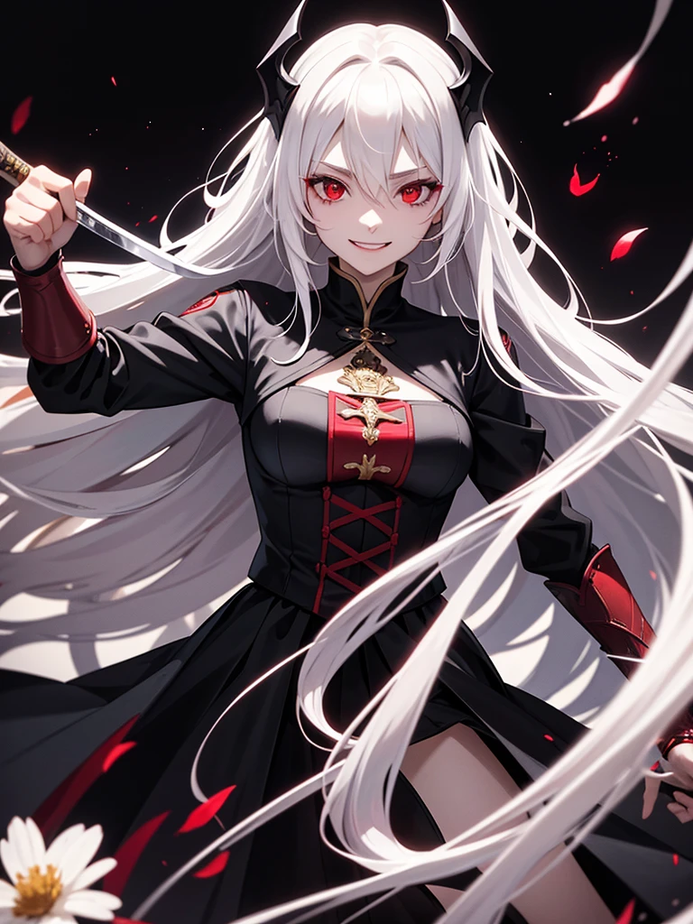 woman, red eyes, white long wavy hair, noble, wearing a black unifrom, fighting with a sword like a female knight, wearing flowers on her head, sadistic vampire. sadistic smile