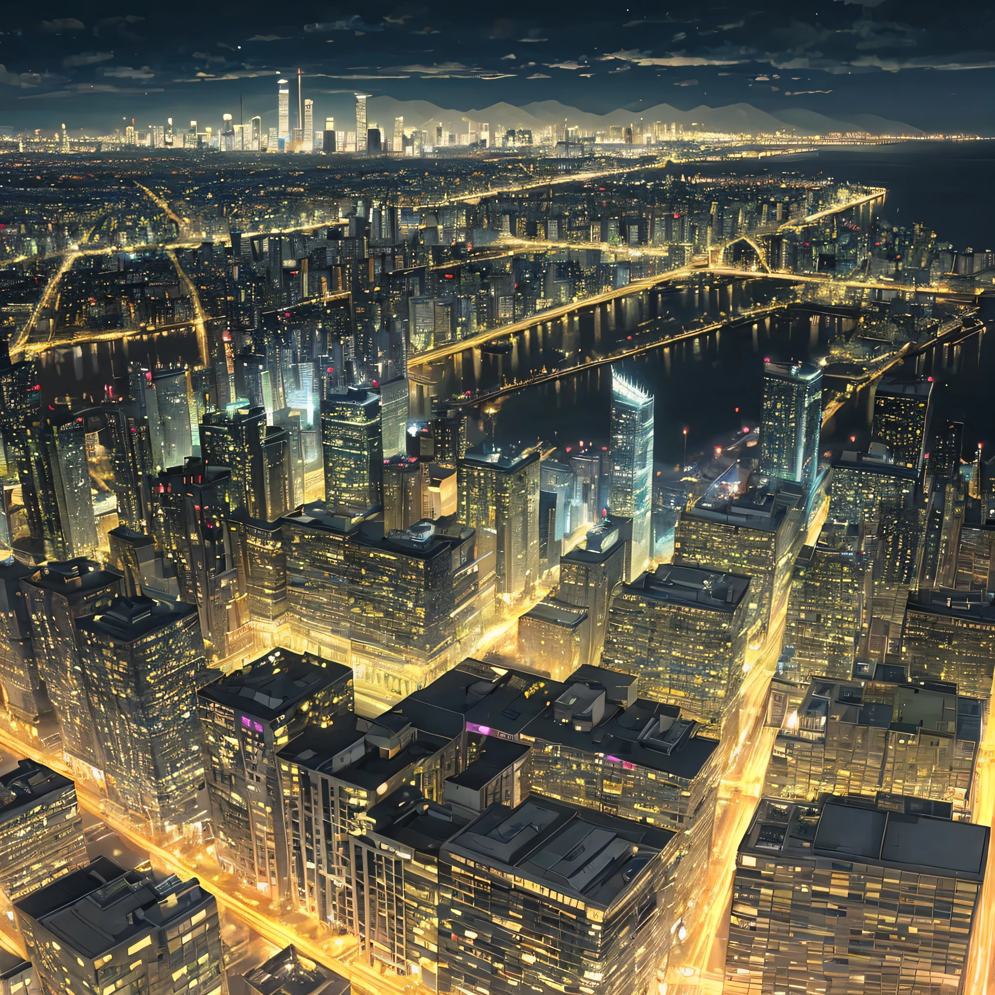 City night scene,coastal,port,High-rise buildings,mountain peak