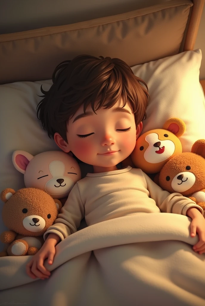 Boy with brown hair laying on bed with stuffed animals