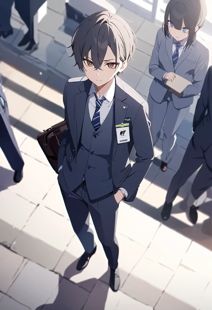 masterpiece,best quality,depth of field,8k,looking down at the viewer,man,dark gray hair,brown eyes,(charismatic eyes 1:1),chic,Blue Eyes,wseifuku,Wearing a white shirt,gray suit pants,black oxford shoes,Wearing a gray suit jacket over a gray suit vest,alone,Wearing an employee ID around his neck,Blue Striped Tie,