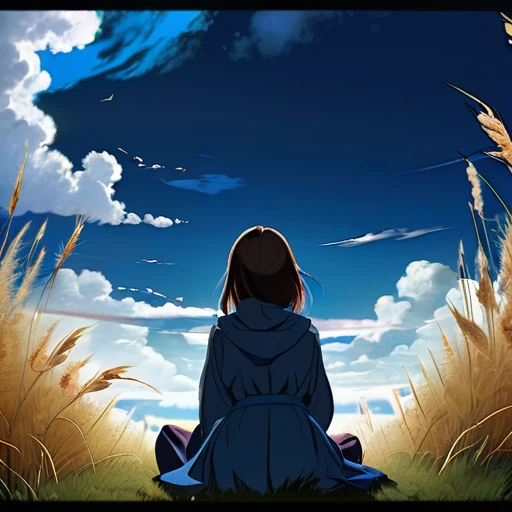 anime landscape of a girl&cute corgidog sitting on a hill with grasses with dark blue clouds, blue cere madder sky lightly big bell with few clouds, anime nature wallpapers, beautiful anime scene, beautiful anime peace scene, Makoto Shinkai Cyril Rolando, beautiful scene of anime, amazing wallpaper, anime art wallpaper 8k, anime background, art anime background, anime 4k wallpaper, anime art 4k wallpaper, anime art 4k wallpaper, prayer of requiem prayer of requiem