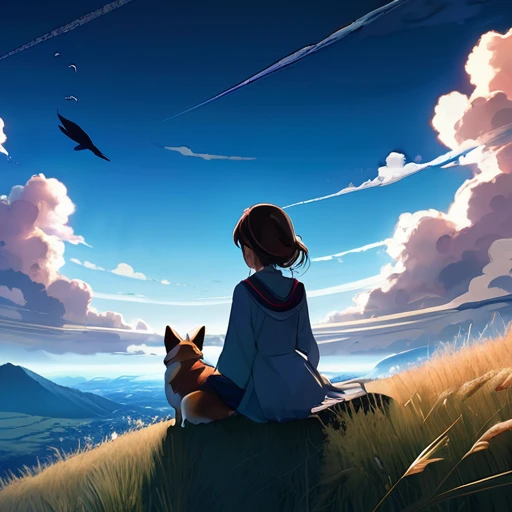 anime landscape of a girl＆cute corgidog sitting on a hill with grasses with dark blue clouds, blue cere madder sky  lightly big bell   with few clouds, anime nature wallpapers, beautiful anime scene, beautiful anime peace scene, Makoto Shinkai Cyril Rolando, beautiful scene of anime, amazing wallpaper, anime art wallpaper 8k, anime background, art anime background, anime 4k wallpaper, anime art 4k wallpaper, anime art 4k wallpaper,  prayer of requiem  prayer of requiem