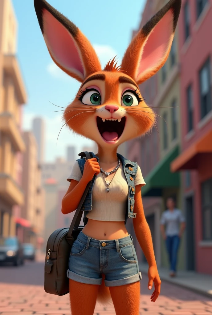 a screaming sexy cartoon bunny with a bag and a necklace on, lola bunny fanart, judy hopps from zootopia, pov furry art, judy hopps, female furry mini cute style, cleavage, ultrarealistic sweet bunny girl, a portrait of judy hopps, in zootopia city, casually dressed, furry body, furry chest, in style of zootopia, huge tits, scared expression