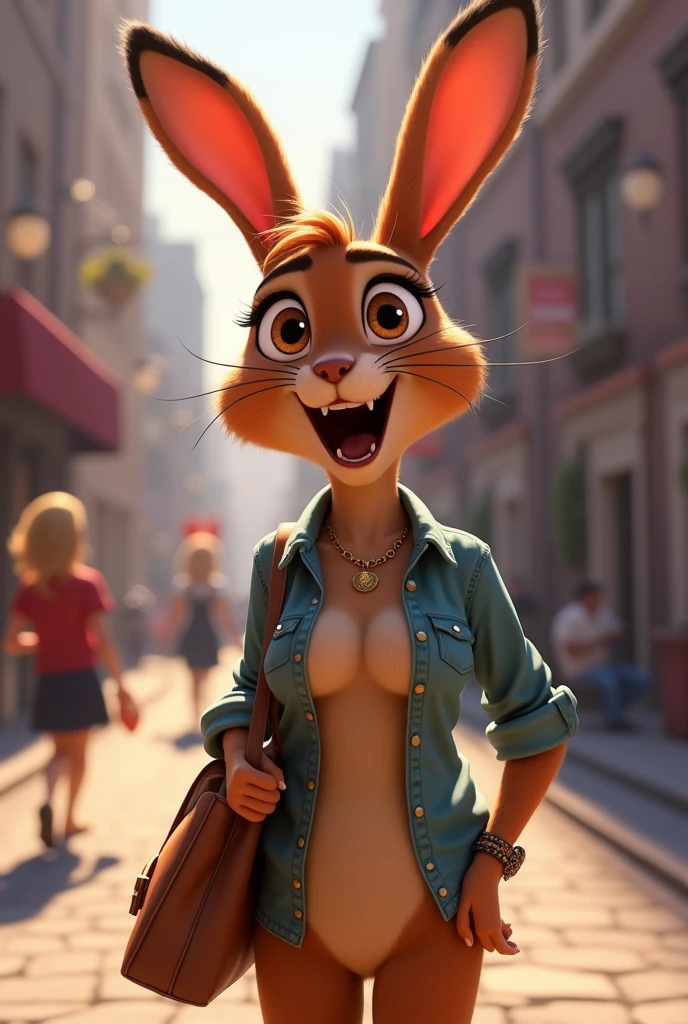 a sexy cartoon bunny screaming with a bag and a necklace on, lola bunny fanart, judy hopps from zootopia, pov furry art, judy hopps, cleavage, female furry mini cute style, ultrarealistic sweet bunny girl, a portrait of judy hopps, in zootopia city, casually dressed, furry body, furry chest, in style of zootopia, huge tits, scared expression
