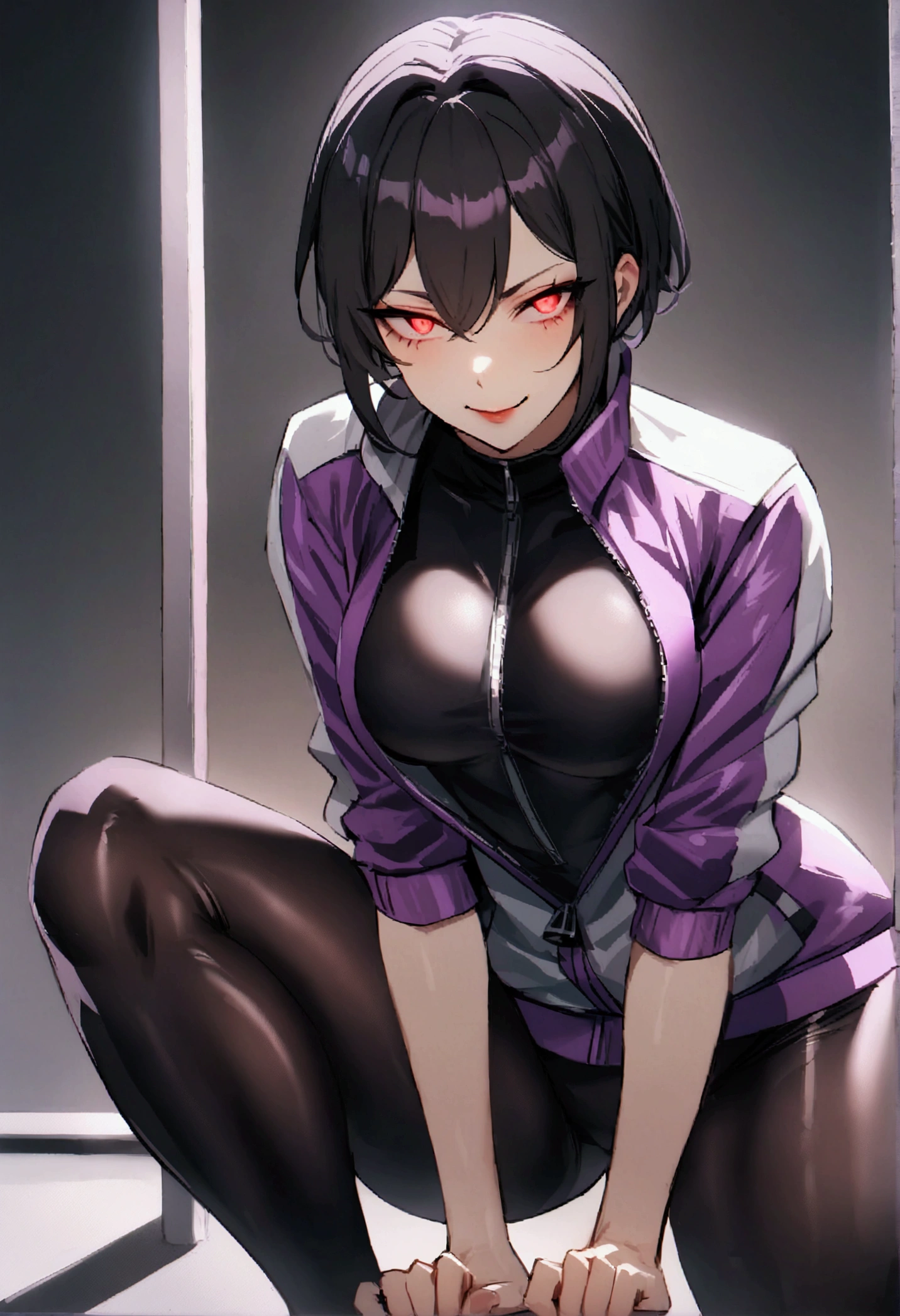 beautiful young fitness woman with , in a gym wearing May with black pantyhose, white and purple tight short gym jacket. standing alone,red eyes glowing,Evil smile,legging preto ,labiaa,dark eye shadow,shining eyes,hand on knees crouching,neckleace,jacket zipper half open,Tight black shirt,white sports tennis shoes,short hair with purple details,beautiful curves,whole body,hair with purple details,labiaa,detailed face and eyes,work of art,sexy look
