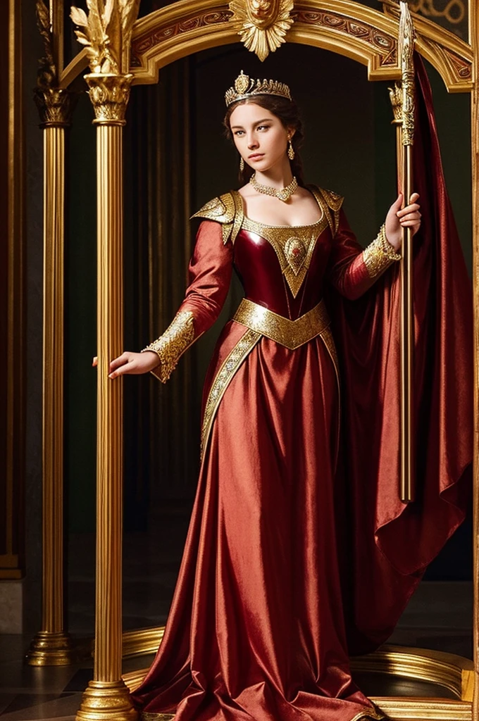 Empress. young woman. queen. light comes out from behind. flash. bright. with a raised scepter in his hand. beautiful woman. figure of power. Renaissance style. queen dress. Queen's crown.