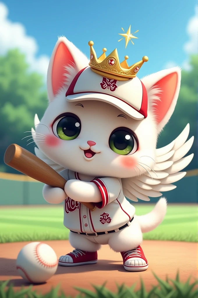 Cute white cat、anime、Wearing a baseball uniform、Playing baseball、Wearing a crown、Angel wings growing