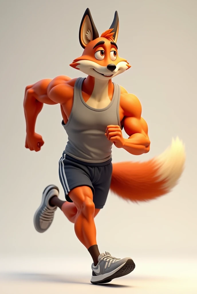 A muscular 3D cartoon male fox, running wearing exercise clothes and running shoes, with a tail coming out of the shorts and the fox on the side
